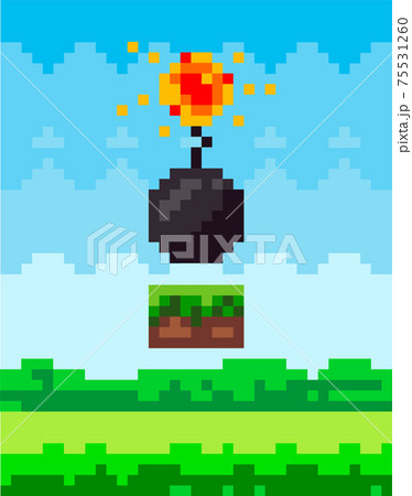 Pixel art style scene vector bomb for retro pixel-game. Black round core with wick that burns Pixel art style scene vector bomb for retro pixel-game. Black round core with wick that burns 75531260