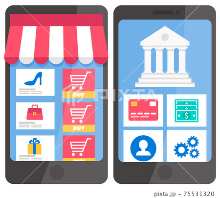 Screens of phones with the image of layout design of the application for payment and online shopping Screens of phones with the image of layout design of the application for payment and online shopping 75531320