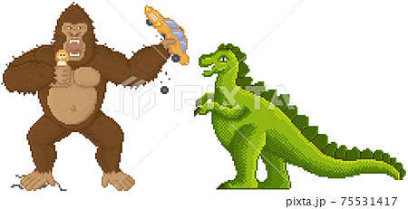 King Kong And Godzilla In Pixel Game Layout のイラスト素材