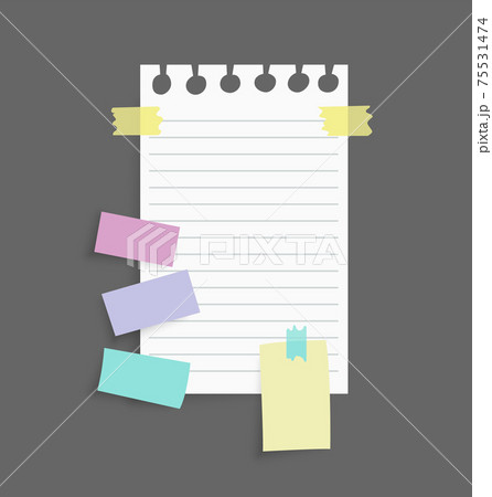 Paper notes stickers. Place for memo messages on paper sheets. Attached with sticky colorful tape on grey background isolated realistic vector illustration Paper notes stickers. Place for memo messages on paper sheets. Attached with sticky colorful tape on grey background isolated realistic vector illustration 75531474