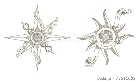 Set of retro nautical compasses. Antique nautical old vector signs. Vintage rose of wind for sea marine navigation. Compass icons design element for marine theme 75531605