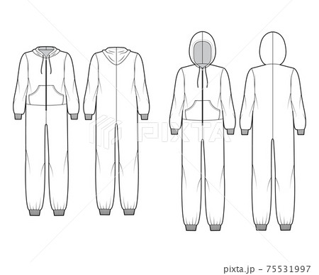 Set of Onesie overall jumpsuit sleepwear technical fashion illustration with hood, zipper closure, kangaroo pouch 75531997