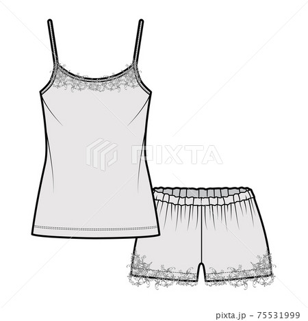 Camisole lace Pajama short Sleepwear technical fashion illustration with scoop neck cami, mini length, oversized. Flat 75531999