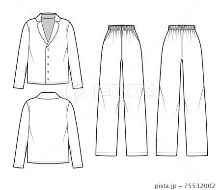 Set of Sleepwear Pajamas shirt, pants technical fashion illustration with full length, normal waist, oversized, pockets 75532002