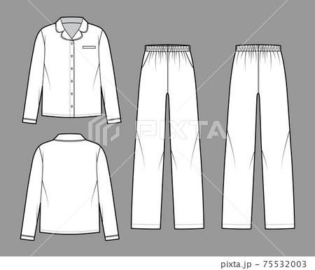 Set of Sleepwear Pajamas shirt, pants technical fashion illustration with full length, low waist, oversized, pockets 75532003