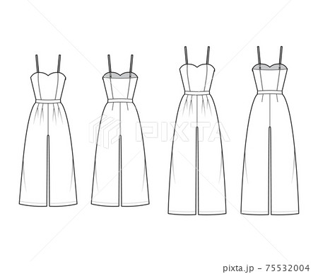 Set of cami jumpsuits culotte overall technical fashion illustration with full ankle length, rise, double pleats, strap 75532004