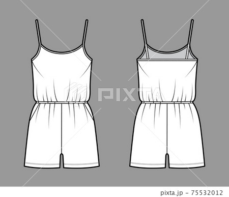Camisole jumpsuit Dungaree overall technical fashion illustration with mini length, elastic waist, oversized, pockets 75532012