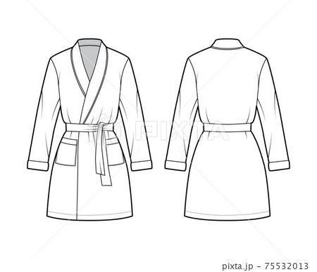 Bathrobe Dressing gown technical fashion illustration with wrap opening, mini length, oversize, tie, pocket, long sleeve Bathrobe Dressing gown technical fashion illustration with wrap opening, mini length, oversize, tie, pocket, long sleeve 75532013