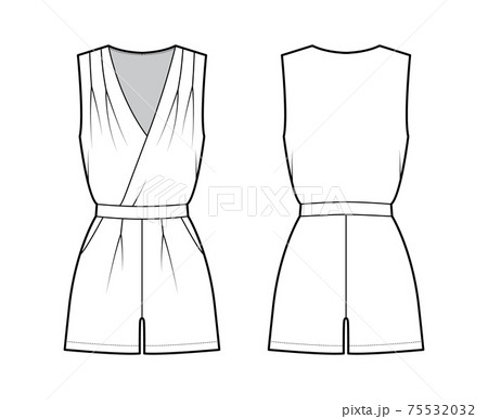 Playsuit romper overall jumpsuit technical fashion illustration with mini length, normal waist, high rise, pockets 75532032