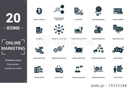 Online Marketing icon set. Contain filled flat email marketing, mobile marketing, statistics, search engine marketing, marketing plan, social media, branding icons. Editable format 75533188