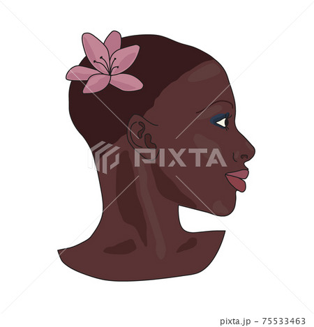 Portrait of beautiful african american girl. Young elegant black woman head profile with short hair, make up and pink lilly or magnolia flower, isolated on a white background. Beauty, fashion concept 75533463