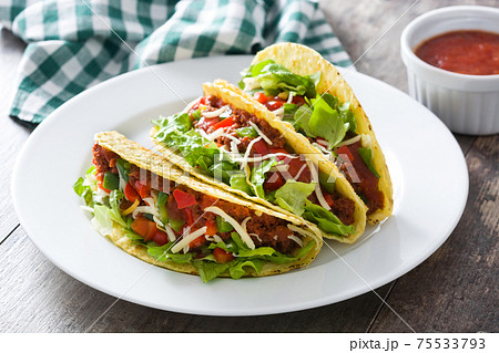 Traditional Mexican tacos with meat and vegetables Traditional Mexican tacos with meat and vegetables 75533793