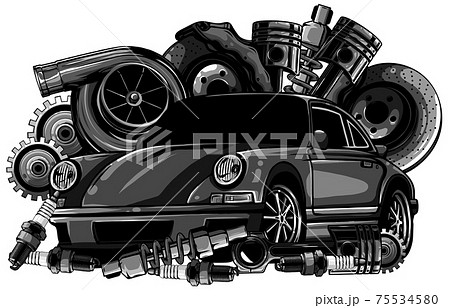 monochromatic Vintage car components collection witn automobile motor engine piston steering wheel tire headlights speedometer gearbox shock absorber isolated vector illustration 75534580