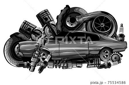 monochromatic Vintage car components collection witn automobile motor engine piston steering wheel tire headlights speedometer gearbox shock absorber isolated vector illustration monochromatic Vintage car components collection witn automobile motor engine piston steering wheel tire headlights speedometer gearbox shock absorber isolated vector illustration 75534586