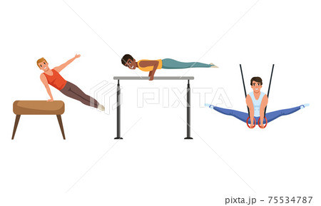 Young Guy Training on Different Gymnastics Apparatus Like Pommel Horse and Rings Vector Set Young Guy Training on Different Gymnastics Apparatus Like Pommel Horse and Rings Vector Set 75534787