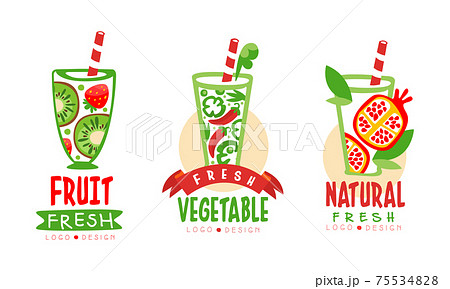 Fresh Fruit and Vegetable Juice in Glass with Straw Logo Design Vector Set 75534828
