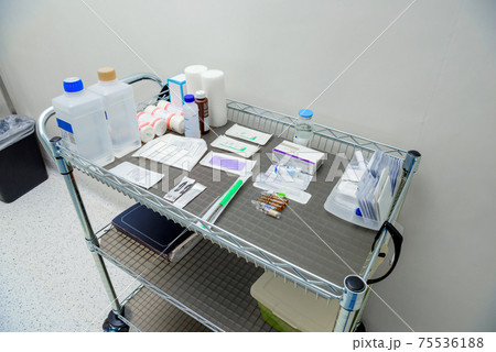 Medications prepared for surgery on the operating table. 75536188