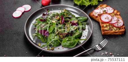 Fresh juicy salad with leaves of mangold, arugula, spinach and beets Fresh juicy salad with leaves of mangold, arugula, spinach and beets 75537111