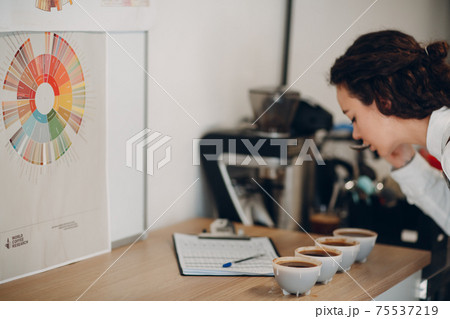 Cup Taster Girl Tasting Degustation Coffee Quality Test. Coffee Samples and Chart Cupping 75537219