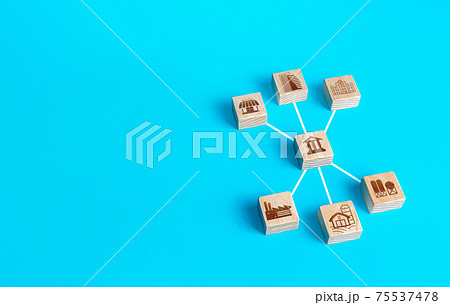 Block figurine bank is connected with institutions establishment and civil organizations. The functioning of the financial banking system. Lending and operating money transactions. Regulation economy 75537478