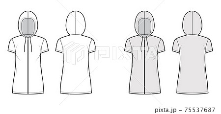 Zip-up Hoody dress technical fashion illustration with short sleeves, mini length, oversized body, Pencil fullness Zip-up Hoody dress technical fashion illustration with short sleeves, mini length, oversized body, Pencil fullness 75537687