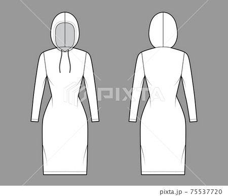 Hoody dress technical fashion illustration with long sleeves, knee length, fitted body, Pencil fullness. Flat apparel 75537720