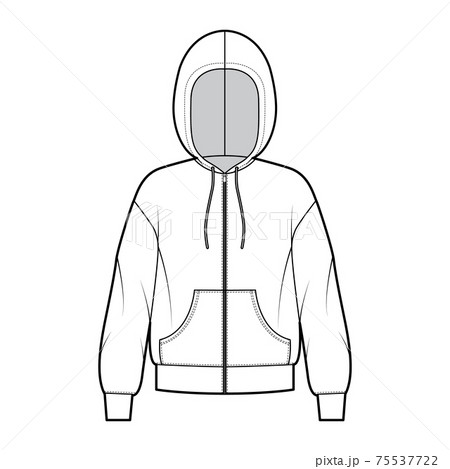 Zip-up Hoody sweatshirt technical fashion illustration with long sleeves, oversized body, kangaroo pouch, drawstring 75537722