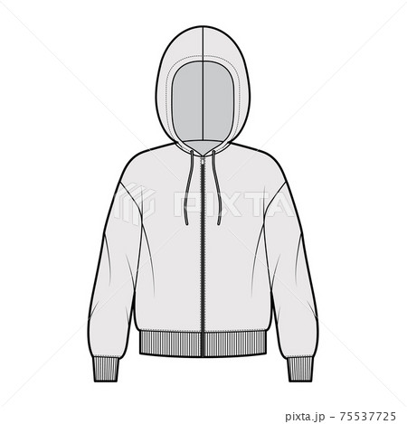 Zip-up Hoody sweatshirt technical fashion illustration with long sleeves, oversized body, knit rib cuff, banded hem 75537725