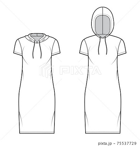 Set of Hoody dresses technical fashion illustration with short sleeves, knee length, oversized body, Pencil fullness 75537729