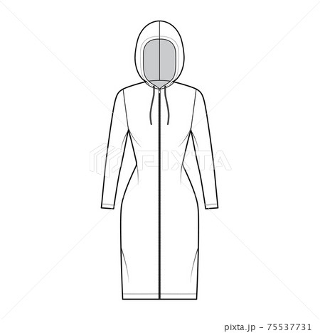 Zip-up Hoody dress technical fashion illustration with long sleeves, knee length, fitted body, Pencil fullness. Flat 75537731