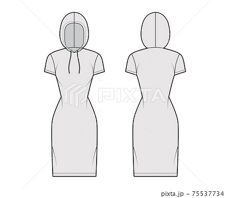 Hoody dress technical fashion illustration with short sleeves, knee length, fitted body, Pencil fullness. Flat apparel 75537734