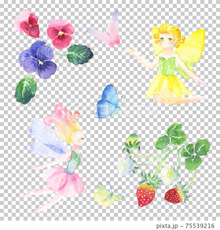 水彩画 かわいい妖精 パンジー イチゴ 蝶の手描きイラスト素材セットのイラスト素材