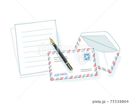 エアメールの便箋と封筒と万年筆のイラスト素材