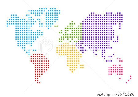 四角いドットで簡略化した世界地図ベクターイラスト 大陸別に色分け のイラスト素材