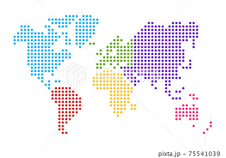 丸いドットで簡略化した世界地図ベクターイラスト 大陸別に色分け のイラスト素材