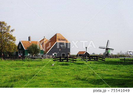 定番最新作□オランダ ザーンセ・スカンス 緑色の家並み 風景写真 額縁付A3 グラフィック