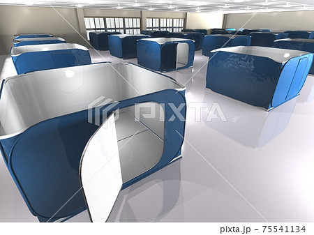 災害　防災　感染症対策　避難所　プライバシー確保　テント　風景　青色　イメージ(3DCG) 75541134