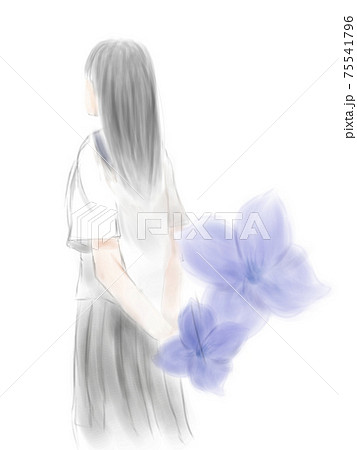 女子高生の後ろ姿とアジサイの花びらのイラスト素材
