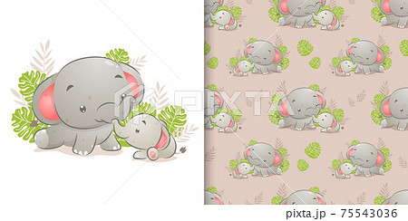 The hand drawn of little elephant playing the garden with her mother 75543036