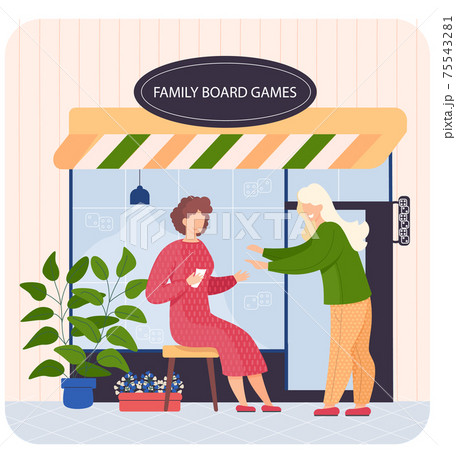Family board games shop, awning with entertaining gaming, people sitting near store playing cards Family board games shop, awning with entertaining gaming, people sitting near store playing cards 75543281