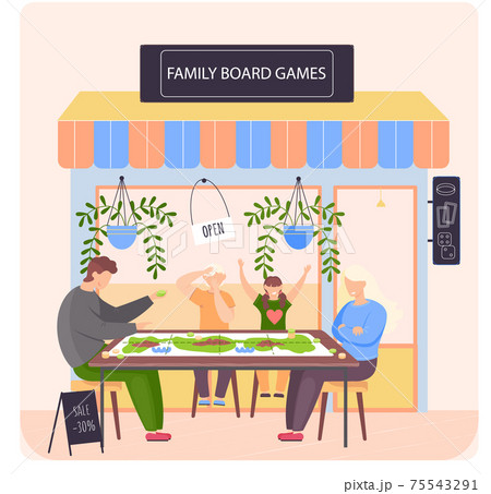 Family board games shop, awning with entertaining acts, people sitting near store playing table game 75543291