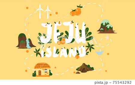 Welcome to Jeju island in South Korea, traditional landmarks, symbols. Korean land with traditional attractions Welcome to Jeju island in South Korea, traditional landmarks, symbols. Korean land with traditional attractions 75543292