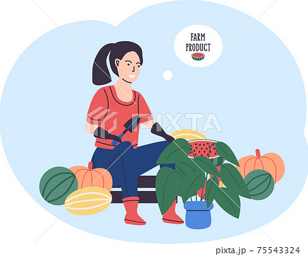 Woman farmer sitting on wooden box with vegetables plants plant in pot. Agricultural worker Woman farmer sitting on wooden box with vegetables plants plant in pot. Agricultural worker 75543324