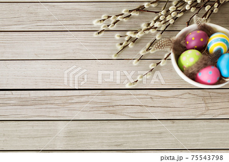 colored easter eggs and pussy willow branches 75543798