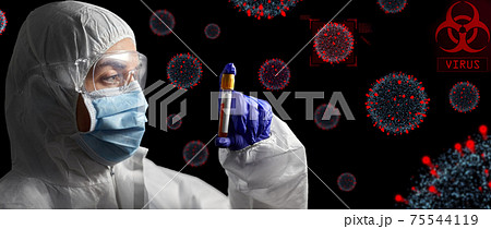 scientist in protective mask with test tube scientist in protective mask with test tube 75544119