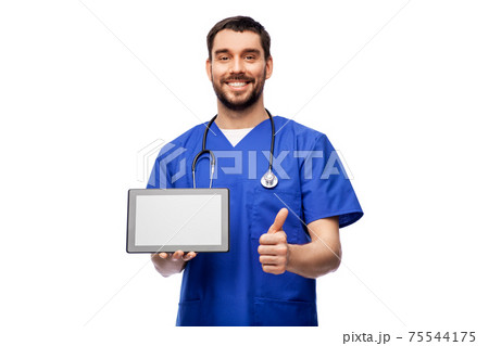 male doctor with tablet pc showing thumbs up 75544175
