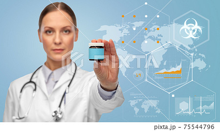 female doctor with medicine over world statistics 75544796