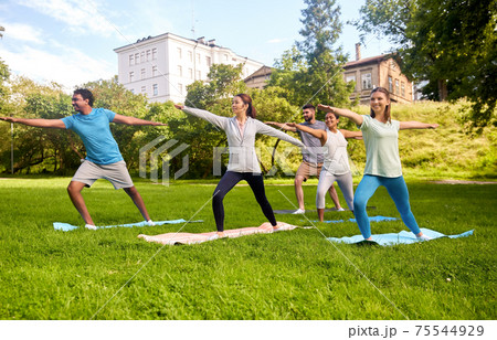 group of people doing yoga at summer park 75544929