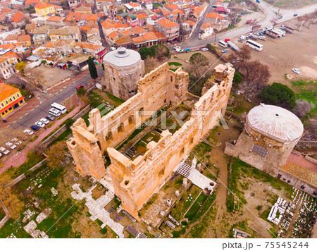 View from drone of Red Basilica ruins in Bergama in winter day, Turkey View from drone of Red Basilica ruins in Bergama in winter day, Turkey 75545244