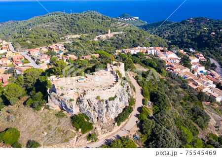 View from drone of remains of medieval castle of Begur, Catalonia, Spain View from drone of remains of medieval castle of Begur, Catalonia, Spain 75545469